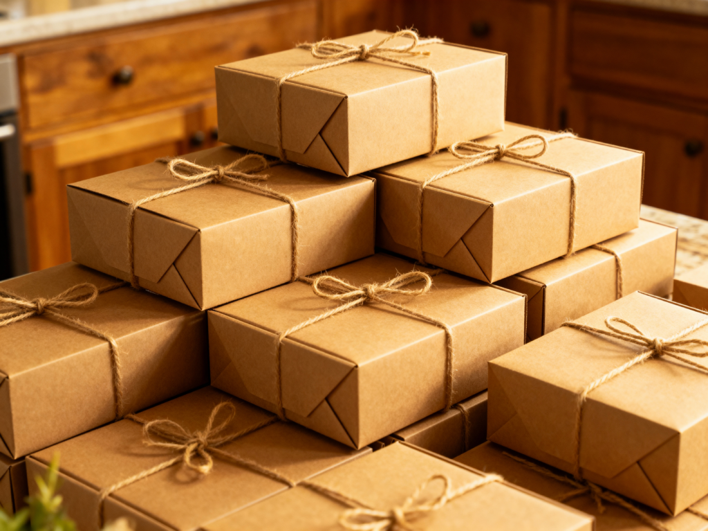 Stack of neatly wrapped brown kraft cardboard boxes tied with natural twine, arranged on a wooden surface in a warm indoor setting.